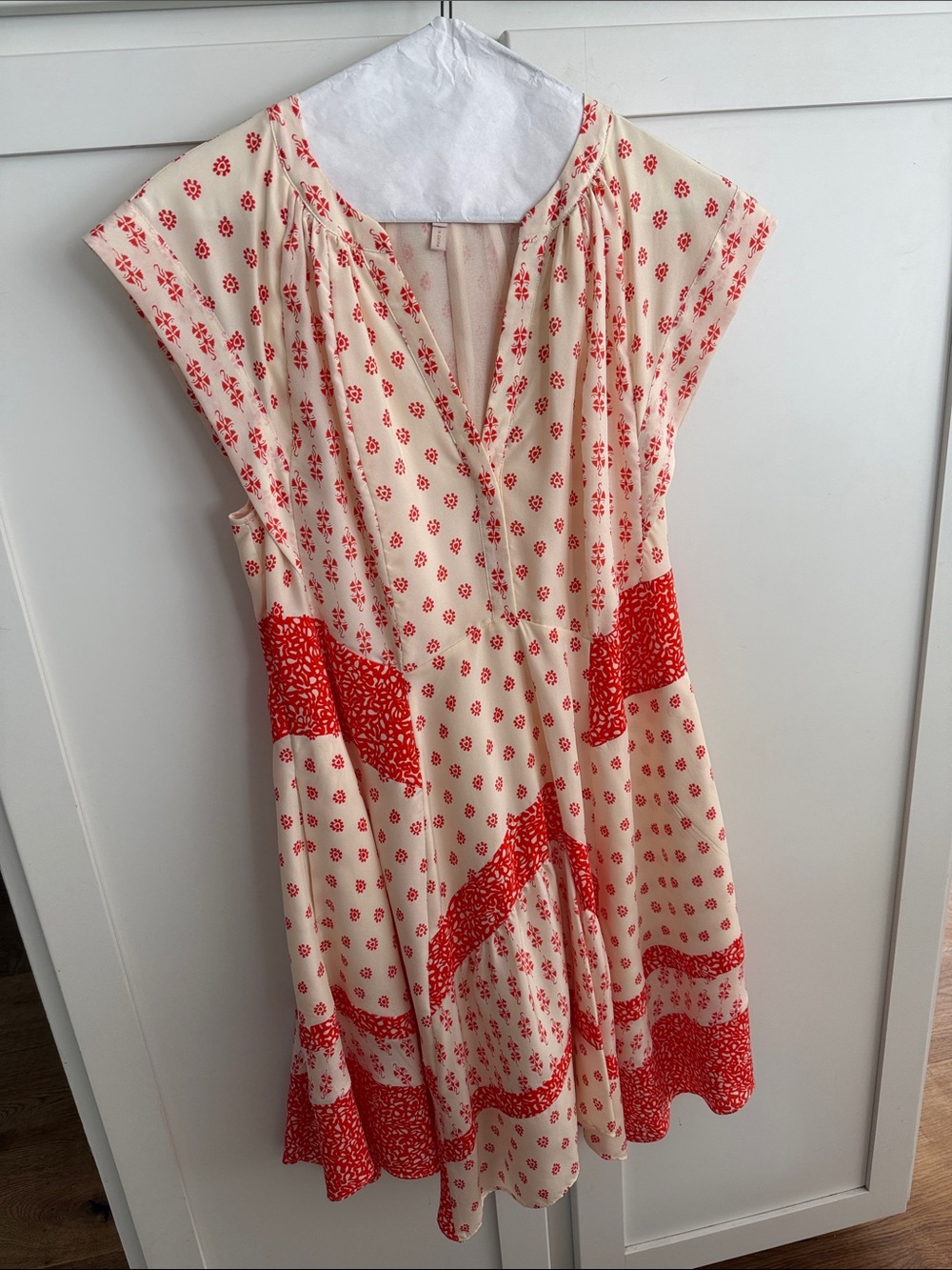 Women’s Rebecca Taylor Cream and Orange Floral Mini Dress with Tiered Skirt